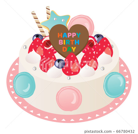 Birthday cake with strawberries, cream and macaroons Birthday cake with strawberries, cream and macaroons 66780432