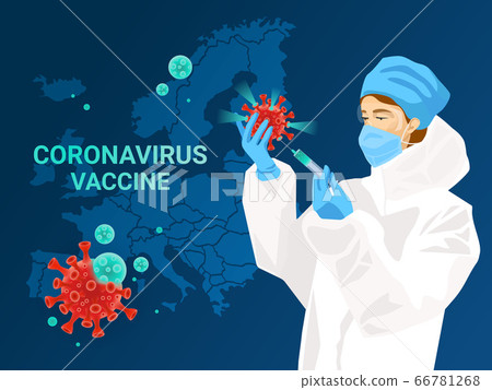 Coronavirus vaccine in action concept. Map of Europe on background. Vector illustration 66781268