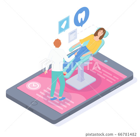 Isometric mobile app, woman patient have problems with teeth, online consultation in dentist 66781482