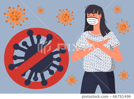Woman in medical mask with crossed hands protesting against virus spreading, huge crossed out sign Woman in medical mask with crossed hands protesting against virus spreading, huge crossed out sign 66781496