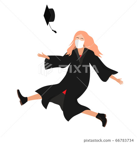 Young 20202 graduate student girl in medical mask and graduation gown jumping and throwing the mortarboard high into the air. Flat vector illustration Young 20202 graduate student girl in medical mask and graduation gown jumping and throwing the mortarboard high into the air. Flat vector illustration 66783734