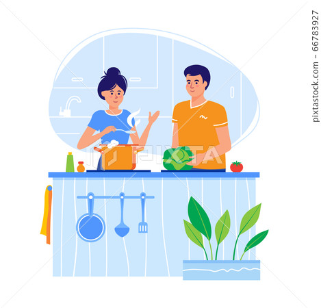 Young couple cooking in a kitchen in a flat design. The family prepares and tastes food. Vector Young couple cooking in a kitchen in a flat design. The family prepares and tastes food. Vector 66783927