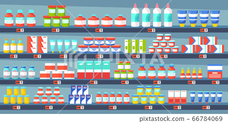 Medicine pharmacy shelves. Pharmacy shop interior, medicine pills bottles, painkiller treatments drugstore medical concept vector illustration 66784069