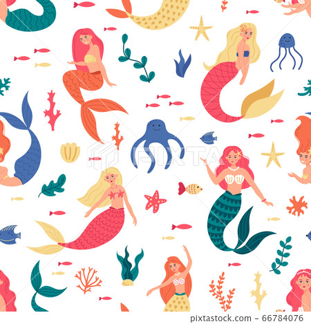 Mermaids marine pattern. Seamless cute mermaids, underwater fairy tale cartoon mermaid characters, undersea mermaid girls vector background 66784076