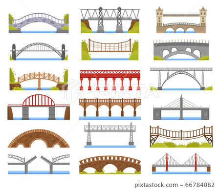 City bridge. Urban crossover bridge construction, truss and tied arch river bridge, carriageway architecture vector illustration icons set 66784082