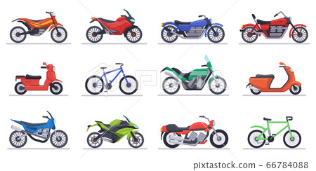 Motorcycles and scooters. Motorbike, speed bikes modern vehicles, scooters, motocross bike and choppers isolated vector illustration icons set 66784088