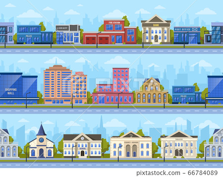 City street panorama. City road streets cityscape, town buildings, bank, school and shopping mall exterior vector background illustration set 66784089