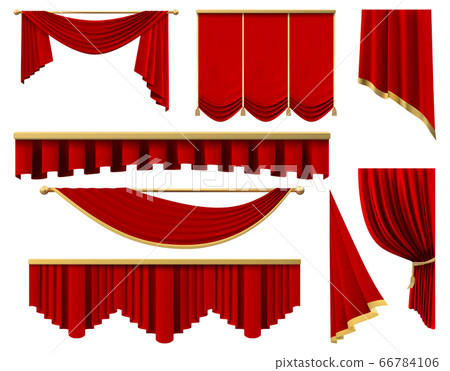 Vintage red realistic curtains. Stage luxury scarlet fabric curtain, silk interior lambrequin draperies vector illustration set Vintage red realistic curtains. Stage luxury scarlet fabric curtain, silk interior lambrequin draperies vector illustration set 66784106