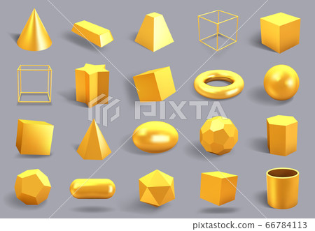Realistic 3D gold shapes. Golden metal geometric shape, shiny yellow gradient cube, sphere and prism figures vector illustration icons set Realistic 3D gold shapes. Golden metal geometric shape, shiny yellow gradient cube, sphere and prism figures vector illustration icons set 66784113