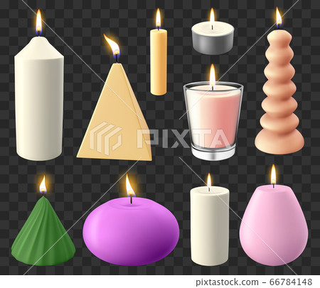 Realistic 3d candles. Holidays candlelight, romantic flaming wax candle, wedding or birthday candles vector illustration icons set 66784148