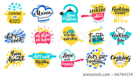 Cooking lettering labels. Kitchen food lettering hand drawn badge, cooking recipes and restaurant menu stamp vector isolated icons set Cooking lettering labels. Kitchen food lettering hand drawn badge, cooking recipes and restaurant menu stamp vector isolated icons set 66784154