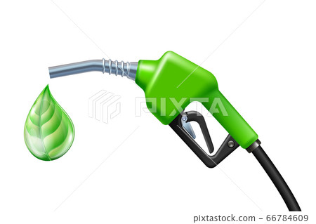 Drop like a green leaf dripping from Fuel handle pump nozzle with hose. 66784609