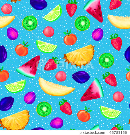 Seamless pattern with summer fruits on a blue - Stock Illustration ...
