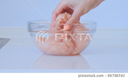Girl is preparing minced meat. A female hand mixes the minced chicken and pork. Meat dishes 66786592