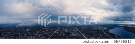 panoramic view of the city with river . Smog from industrial zone over city.  66786815