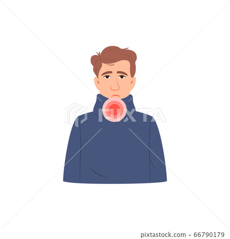 Sore throat pain, difficulty swallowing concept. Young caucasian man avatar with sore throat isolated on white backdrop. Flu common cold influenza infection disease symptom Medical vector illustration Sore throat pain, difficulty swallowing concept. Young caucasian man avatar with sore throat isolated on white backdrop. Flu common cold influenza infection disease symptom Medical vector illustration 66790179