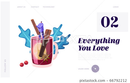 People and Hot Drink Website Landing Page. Tiny Character Stand at Huge Mug with Mulled Wine or Tea Holding Ingredient as Vanilla Stick in Hands Web Page Banner. Cartoon Flat Vector Illustration 66792212