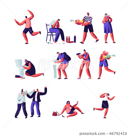 Drinkers and People Playing with Water Guns Set. Characters with Alcohol Addiction, Drunk Men and Women Lying on Ground, Puking 66792418