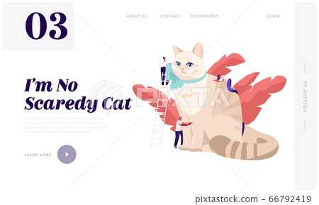 People Caress of Pet Website Landing Page. Tiny Male and Female Characters on Ladders Caring of Huge Cat, Play, Dressing 66792419