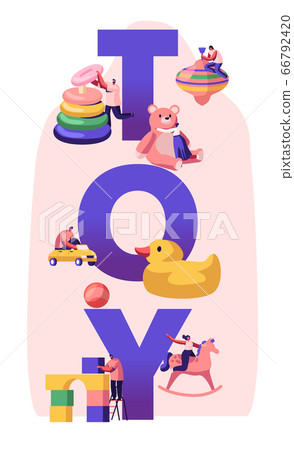 Childhood Activity Concept. Tiny Characters Playing with Huge Baby Toys and Different Playthings for Children on Kindergarten Playground Poster Banner Flyer Brochure. Cartoon Flat Vector Illustration 66792420