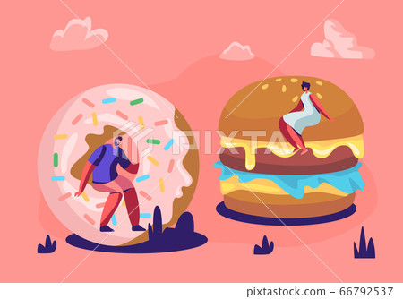 Tiny People Eating Fast Food Enjoying Outdoor Festival, Street Party, City Fest, Fastfood Festival. Male and Female Characters 66792537