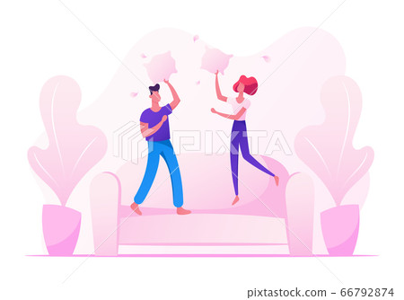 People Fooling, Having Fun at Home, Male and Female Characters Jumping on Sofa Fighting with Pillows, Couple in Love, Friends People Fooling, Having Fun at Home, Male and Female Characters Jumping on Sofa Fighting with Pillows, Couple in Love, Friends 66792874