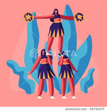 Cheerleaders Team in Uniform with Pompons in Hands Making Pyramid on College Sports Event or Competition. Student Girls Cheerleaders Team in Uniform with Pompons in Hands Making Pyramid on College Sports Event or Competition. Student Girls 66792875