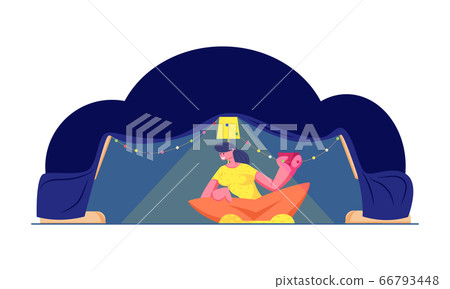 Young Woman Having Leisure and Fun at Home Sitting in Comfortable Child Tent with Lamp and Christmas Garland Drinking Coffee or Tea. Happy Vacation or Holidays Leisure Cartoon Flat Vector Illustration Young Woman Having Leisure and Fun at Home Sitting in Comfortable Child Tent with Lamp and Christmas Garland Drinking Coffee or Tea. Happy Vacation or Holidays Leisure Cartoon Flat Vector Illustration 66793448