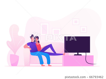 Young Loving Couple Watching TV at Home. Male and Female Characters Sitting on Couch Together Spending Time in Weekend Evening. Love, Leisure, Day Off Sparetime. Cartoon Flat Vector Illustration Young Loving Couple Watching TV at Home. Male and Female Characters Sitting on Couch Together Spending Time in Weekend Evening. Love, Leisure, Day Off Sparetime. Cartoon Flat Vector Illustration 66793462
