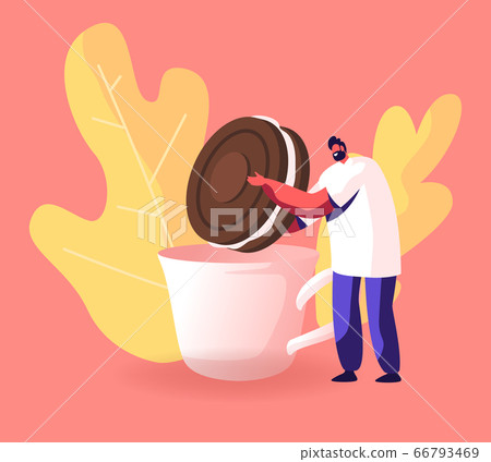 Man Dunking Chocolate Cookie with Cream to Cup with Hot Drink. Tiny Male Character Holding Huge Bakery, Giant Dessert for Birthday or Tea Party Event Celebration. Cartoon Flat Vector Illustration Man Dunking Chocolate Cookie with Cream to Cup with Hot Drink. Tiny Male Character Holding Huge Bakery, Giant Dessert for Birthday or Tea Party Event Celebration. Cartoon Flat Vector Illustration 66793469