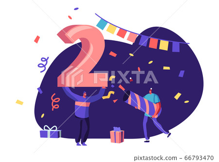 2020 Office or Home Party Celebration Concept. Joyful Characters in Funny Hats Celebrating New Year. Man Holding Huge Number Two above Head, Friend Shoot with Flapper Cartoon Flat Vector Illustration 2020 Office or Home Party Celebration Concept. Joyful Characters in Funny Hats Celebrating New Year. Man Holding Huge Number Two above Head, Friend Shoot with Flapper Cartoon Flat Vector Illustration 66793470