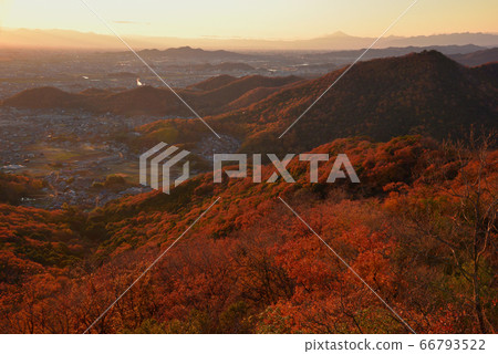 The mountains of autumn colors and the night view of the Kanto plain and the distant Mount Asama seen from the big and small mountains at sunset 66793522