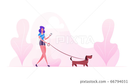 Woman Walking with Dog Outdoors at Summertime. Female Character Spending Time with Dachshund Pet in Park Relaxing, Leisure 66794031