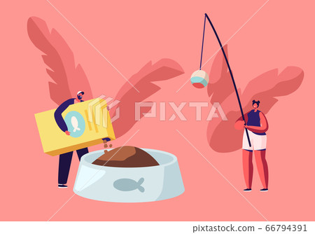 Tiny Male and Female Characters with Huge Accessories for Domestic Animal. Man Put Cats Food into Plate to Feed Kitten Tiny Male and Female Characters with Huge Accessories for Domestic Animal. Man Put Cats Food into Plate to Feed Kitten 66794391