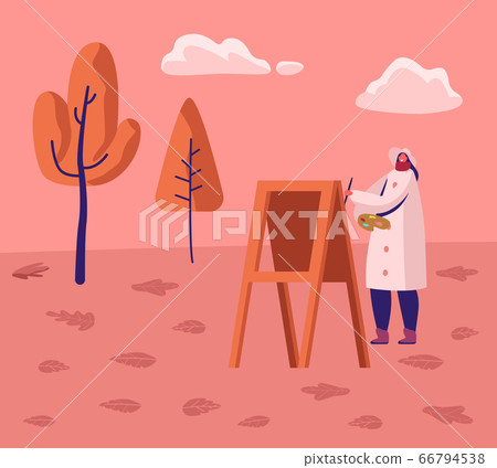 Young Woman Artist Wearing Warm Coat Work on Plein Air in City Park at Autumn Painting on Easel at Beautiful Landscape Background. Scenery Drawing Creativity Hobby Job Cartoon Flat Vector Illustration Young Woman Artist Wearing Warm Coat Work on Plein Air in City Park at Autumn Painting on Easel at Beautiful Landscape Background. Scenery Drawing Creativity Hobby Job Cartoon Flat Vector Illustration 66794538