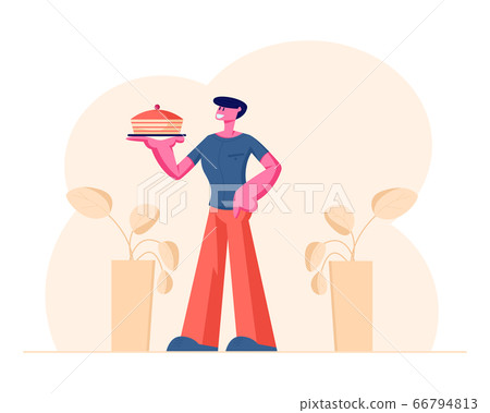 Young Man Holding Tray with Cake Presenting Home-Made Bakery Food. Male Character Preparing Delicious and Healthy Meal for Dating or Dinner for Weekend Spare Time. Cartoon Flat Vector Illustration 66794813