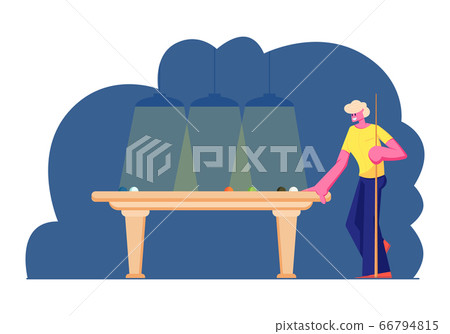 Male Character Holding Cue Stand at Billiard Table with Balls Waiting Turn Hit, Think of Game Strategy Man Playing Snooker in Club Male Character Holding Cue Stand at Billiard Table with Balls Waiting Turn Hit, Think of Game Strategy Man Playing Snooker in Club 66794815