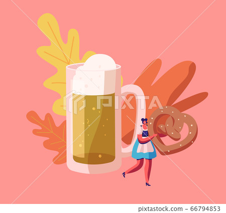 Oktoberfest Festival Concept with Beautiful Woman Waitress Wearing Traditional Bavarian Dress Dirndl Holding Huge Pretzel in Hands near Huge Foam Beer Mug, Holidays. Cartoon Flat Vector Illustration 66794853