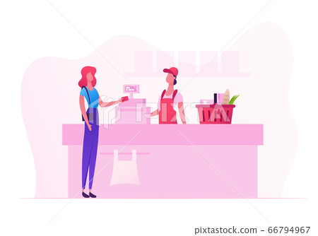 Female Customer Character with Goods in Shopping Basket Stand in Supermarket or Grocery Queue at Cashier Desk with Seller Paying Female Customer Character with Goods in Shopping Basket Stand in Supermarket or Grocery Queue at Cashier Desk with Seller Paying 66794967