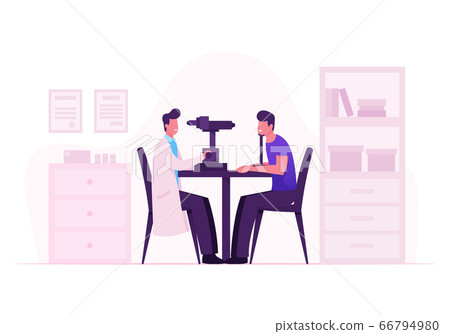 Ophthalmologist Doctor Test Myopia Eye on Special Device. Oculist Checkup Optometry for Eyeglasses. Medical Optician Treatment Patient Foresight Focus Correction. Cartoon Flat Vector Illustration 66794980