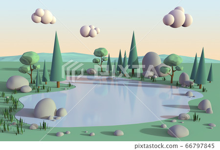 Isometric Low Poly Lake peaceful scene Surrounded by trees natures and clound on sky sunset sweet color for background, 3D illustration. Isometric Low Poly Lake peaceful scene Surrounded by trees natures and clound on sky sunset sweet color for background, 3D illustration. 66797845