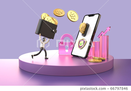 Premium money transfer online protected security on smartphone Concept on purple background, 3D illustration. 66797846