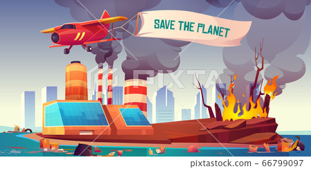 Flying plane with banner Save the planet 66799097