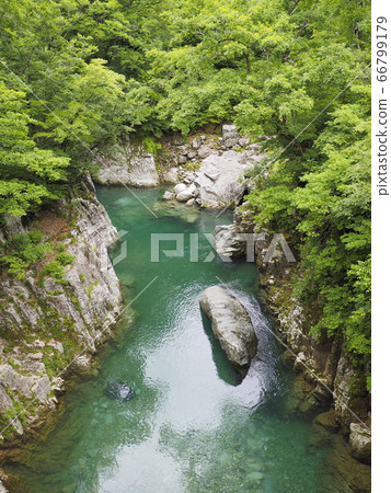 From the Tamagawa Valley and Tengu Bridge in spring [Oguni Town, Yamagata Prefecture] 66799179