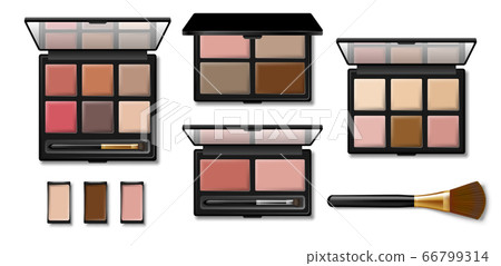 Set of Eyeshadow palette for makeup. Realistic 3d black plastic case with eyeshadow and eyebrow brush applicator isolated on white. Top view. Vector. Set of Eyeshadow palette for makeup. Realistic 3d black plastic case with eyeshadow and eyebrow brush applicator isolated on white. Top view. Vector. 66799314