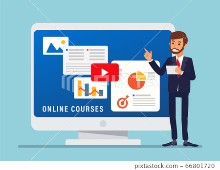 Online Courses illustration. Businessman standing beside big computer screen Online Courses illustration. Businessman standing beside big computer screen 66801720