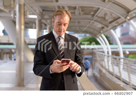 Mature handsome businessman in suit using phone at the footbridge 66802907