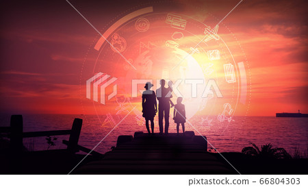 Silhouette of a family on a background of red sunset and travel infographics. Silhouette of a family on a background of red sunset and travel infographics. 66804303