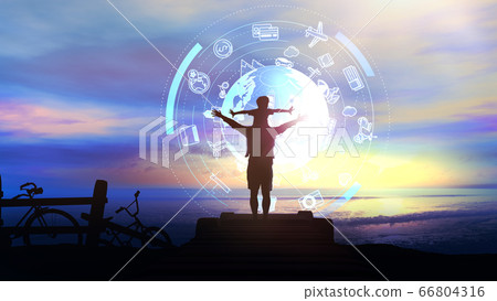 Father with son on a background of sea sunset and travel infographics. 66804316