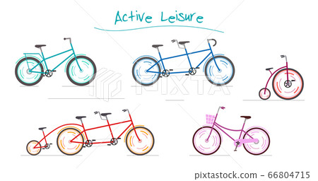Blue tandem, Circus bike, Family bike and pink women bike. Blue tandem, Circus bike, Family bike and pink women bike. 66804715